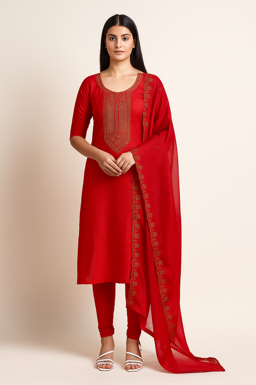 Red Tussar Silk Churidar Suit