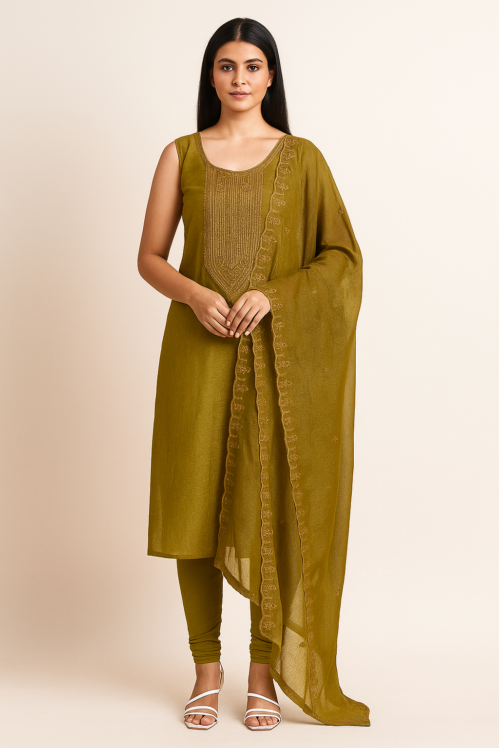 Mustard Green Tussar Silk Churidar Suit