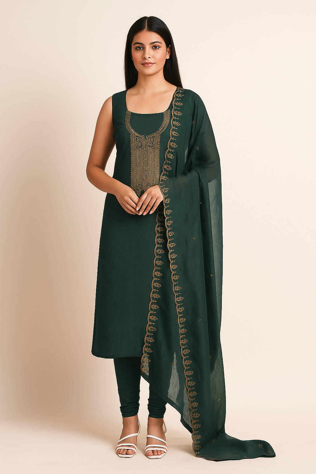Emerald Green Tussar Silk Churidar Suit